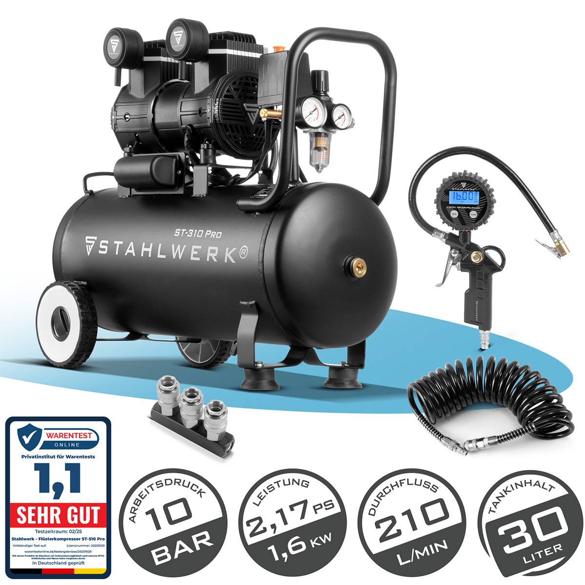 Luftkompressor 'Stahlwerk ST310 pro', schwarz, mit Manometer, Schlauch und Anschlüssen; Kapazität 30 Liter, 10 bar Druck, 2,17 PS.