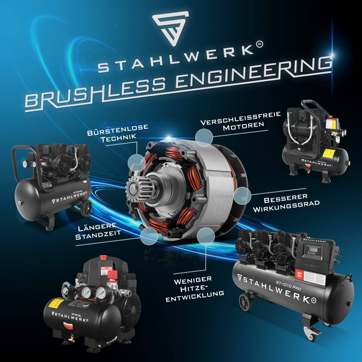 STAHLWERK Kompressor ST-310 Pro Vollausstattung – ölfreier Flüster-Kompressor