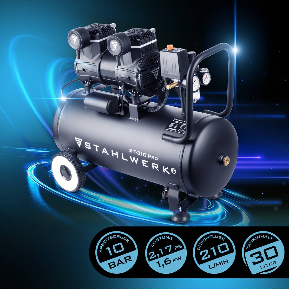 ST-310 Pro' Luftkompressor auf Rädern mit Doppelmotoren, schwarzer Tank, Neonblau-Hintergrund. Wichtigste Merkmale hervorgehoben: 10 bar, 2,17 PS, 210 L/min, 30 L Fassungsvermögen.