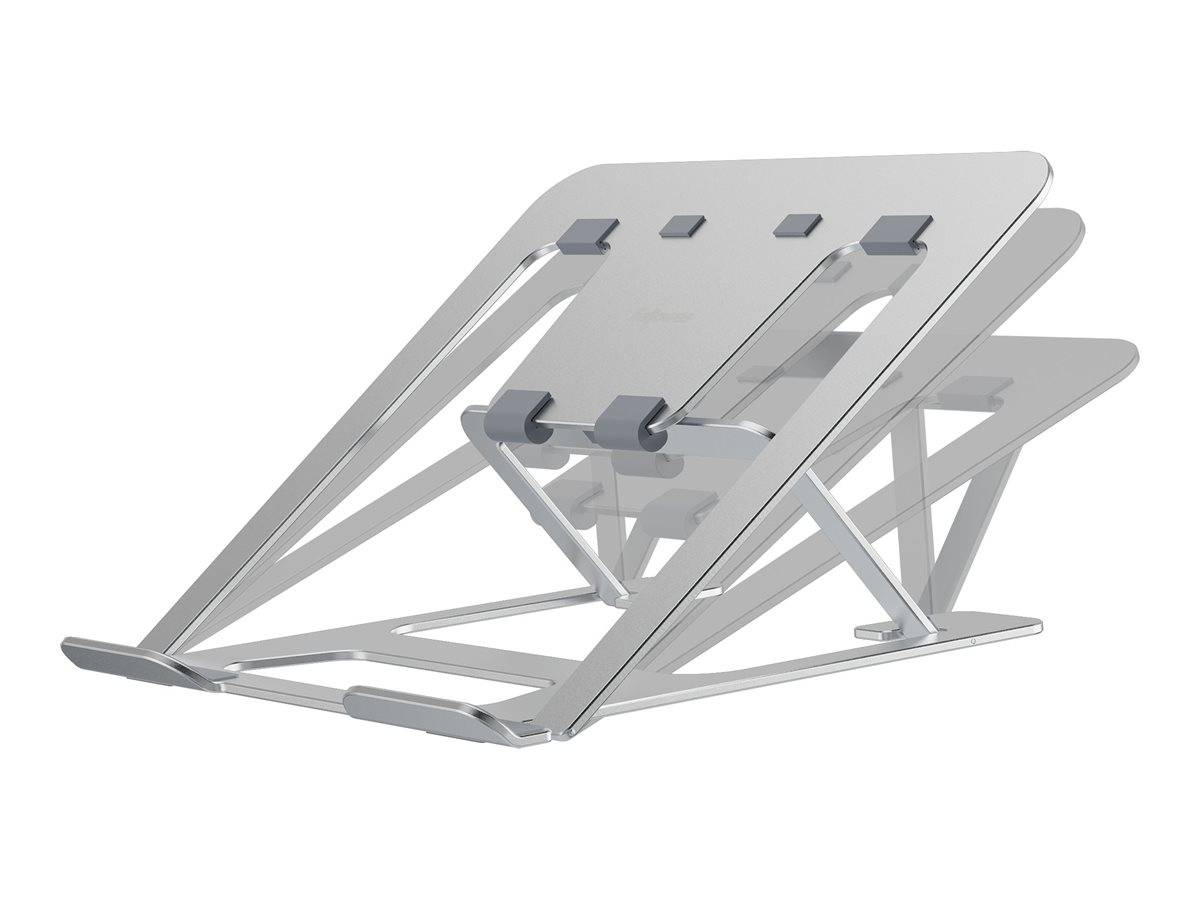 Lamicall Laptopständer aus silbernem Aluminium, mit verstellbaren Winkeln, entwickelt, um Laptops in Augenhöhe zu positionieren und die Ergonomie zu verbessern.