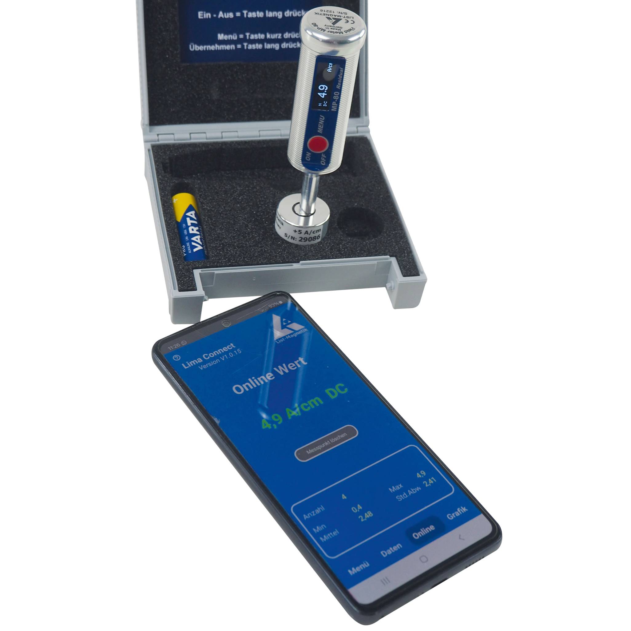 PCE Instruments Magnetfeldmessgerät LM-MP80 |DC 0 … 100 A/cm |Restmagnetfeldmessung |5 Einheiten |Axialsonde
