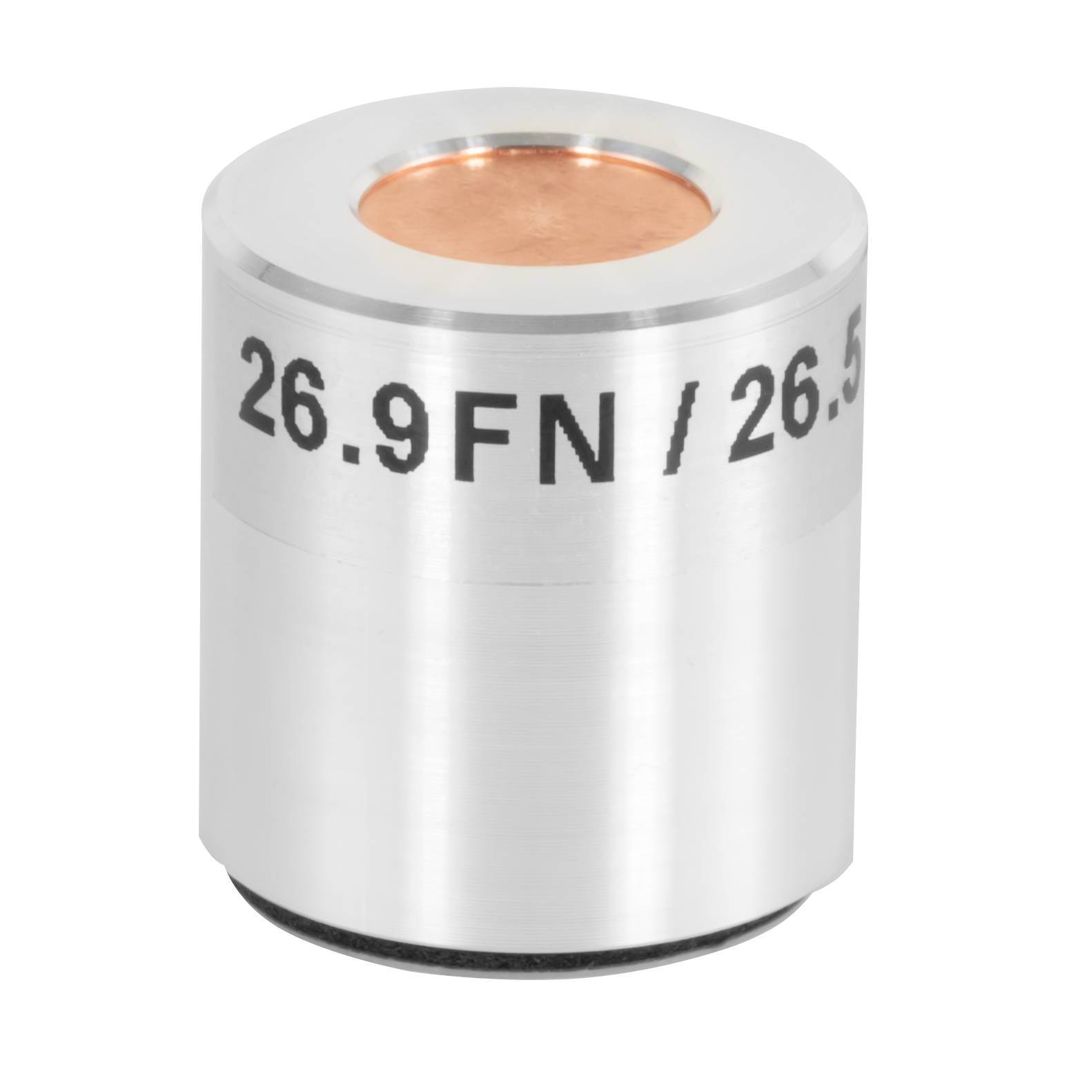 Silberner, zylindrischer Messstab mit schwarzer Beschriftung '26.9FN / 26.5' in der Mitte oben, der eine kreisförmige kupferfarbene Oberfläche aufweist.