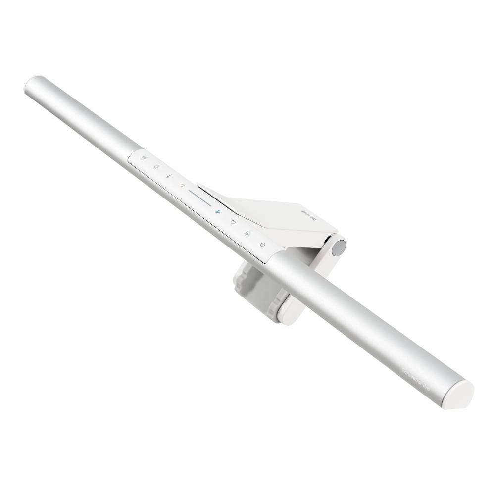 Eine elegante, silberne LED-Schreibtischlampe mit berührungsempfindlichem Bedienfeld und verstellbarem Arm, konzipiert für moderne Arbeitsplätze.