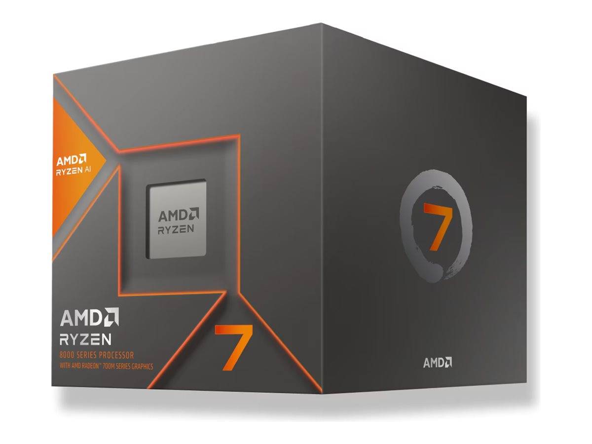 AMD Ryzen 7 Prozessor Einzelhandelsverpackung in Dunkelgrau mit orangefarbenen Akzenten und großem Branding mit der Nummer 7.