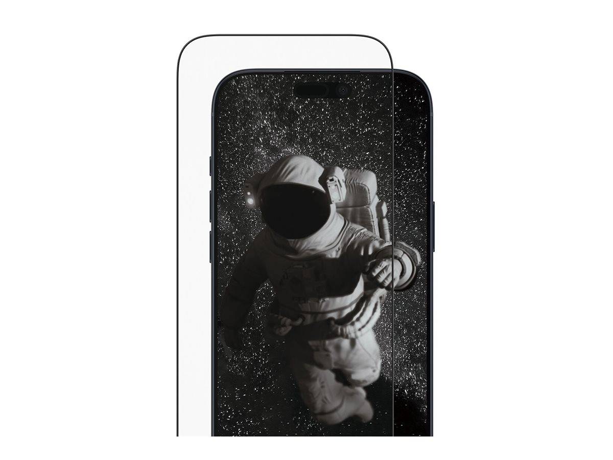 Ein Smartphone-Bildschirm, der einen Astronauten zeigt, der im Weltraum schwebt, mit einer Schutzglasabdeckung, die leicht vom Bildschirm abgehoben ist.