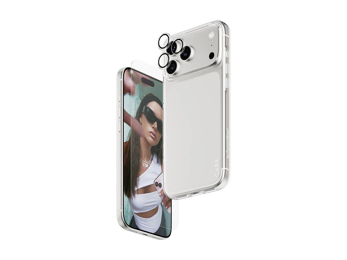 Eine durchsichtige Handyhülle mit Displayschutz für ein Smartphone, auf dessen Bildschirm eine Frau mit Sonnenbrille zu sehen ist.