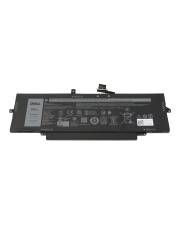 Schwarze Dell-Laptop-Batterie auf weißem Hintergrund, mit sichtbarem Etikett und Anschluss.