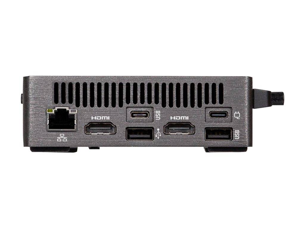 Rückansicht eines Geräts, das verschiedene Anschlüsse zeigt: einen Ethernet-Anschluss, zwei HDMI-Anschlüsse, zwei USB-C-Anschlüsse und zwei USB-A-Anschlüsse. Lüftungsöffnungen über den Anschlüssen zur Kühlung.