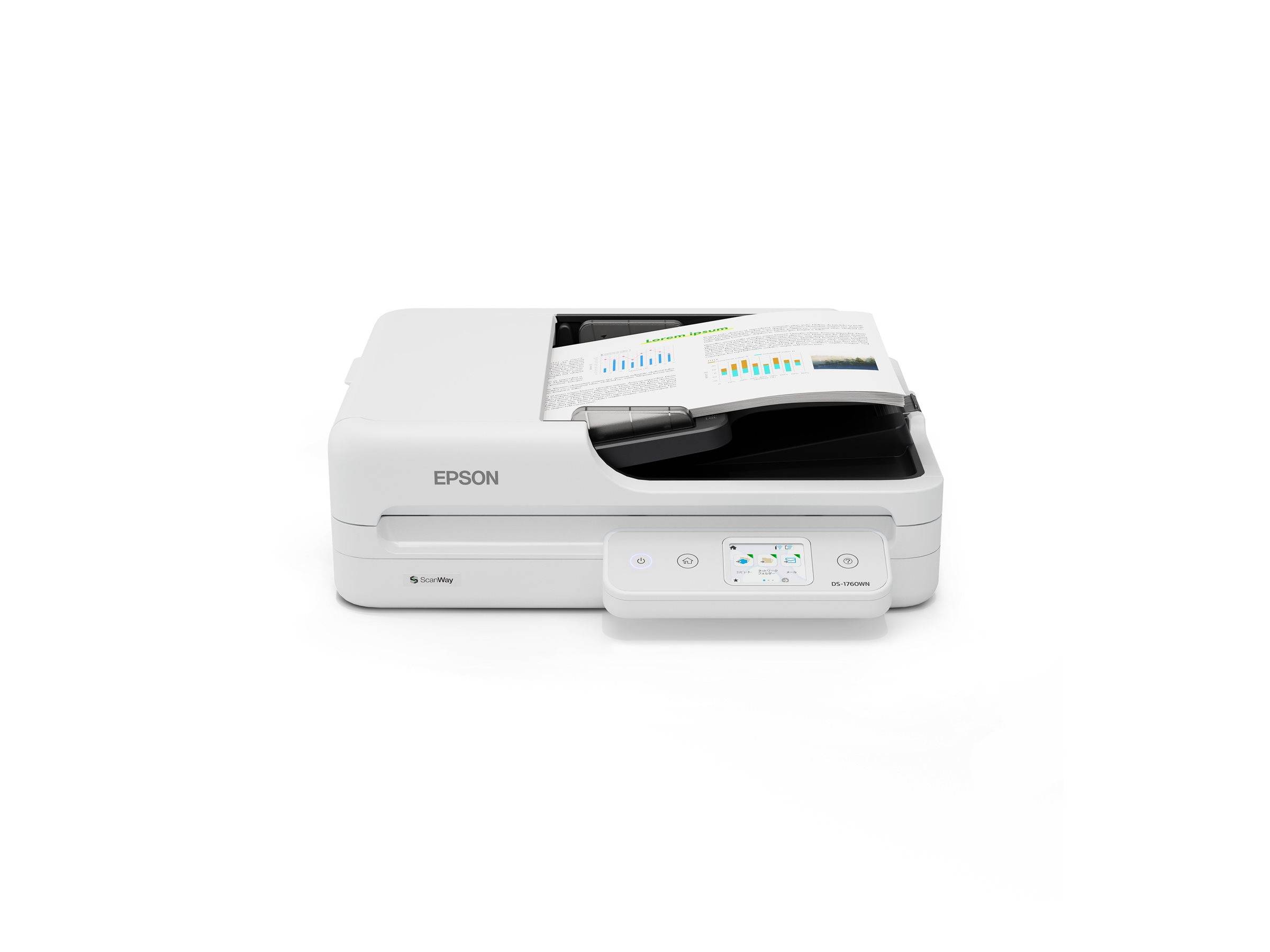 Ein weißer Epson-Scanner verarbeitet Dokumente mit sichtbaren Balkendiagrammen. Das Displaypanel zeigt Optionen und Statusanzeigen.