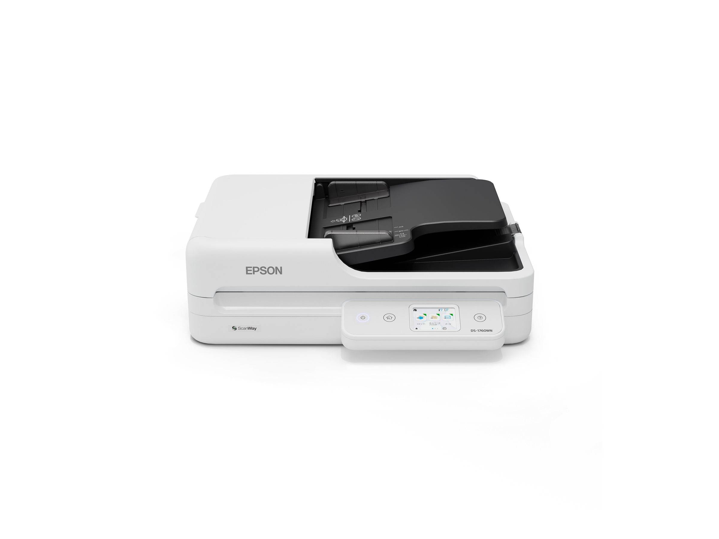 Epson-Scanner mit Touchscreen-Schnittstelle, der Symbole zum Kopieren, Scannen und für Einstellungen anzeigt. Das Gerät ist weiß und verfügt über einen Papierzuführschacht oben.