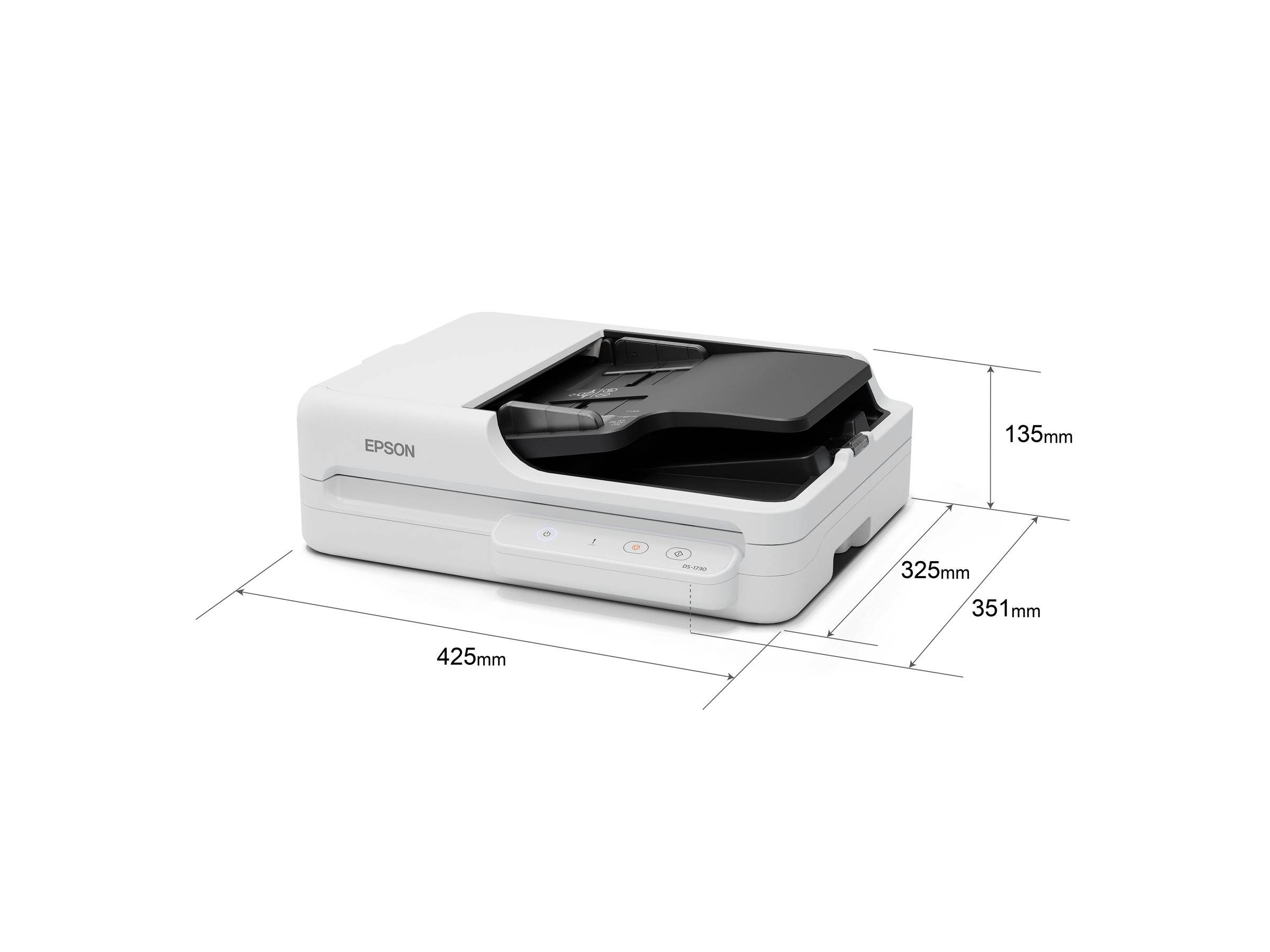 Ein weißer Epson-Scanner mit ungefähren Abmessungen: Breite 425 mm, Tiefe 351 mm und Höhe 135 mm, geeignet für den Bürogebrauch.