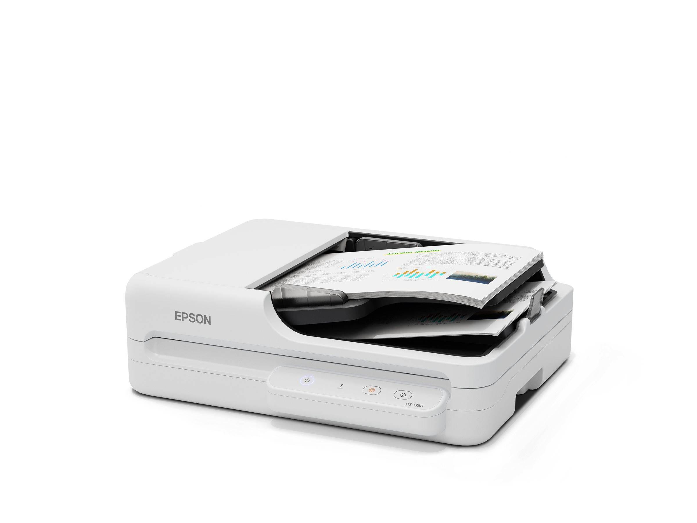 Ein weißer Epson-Scanner mit gescannten Dokumenten, auf dem Diagramme und Text angezeigt werden.