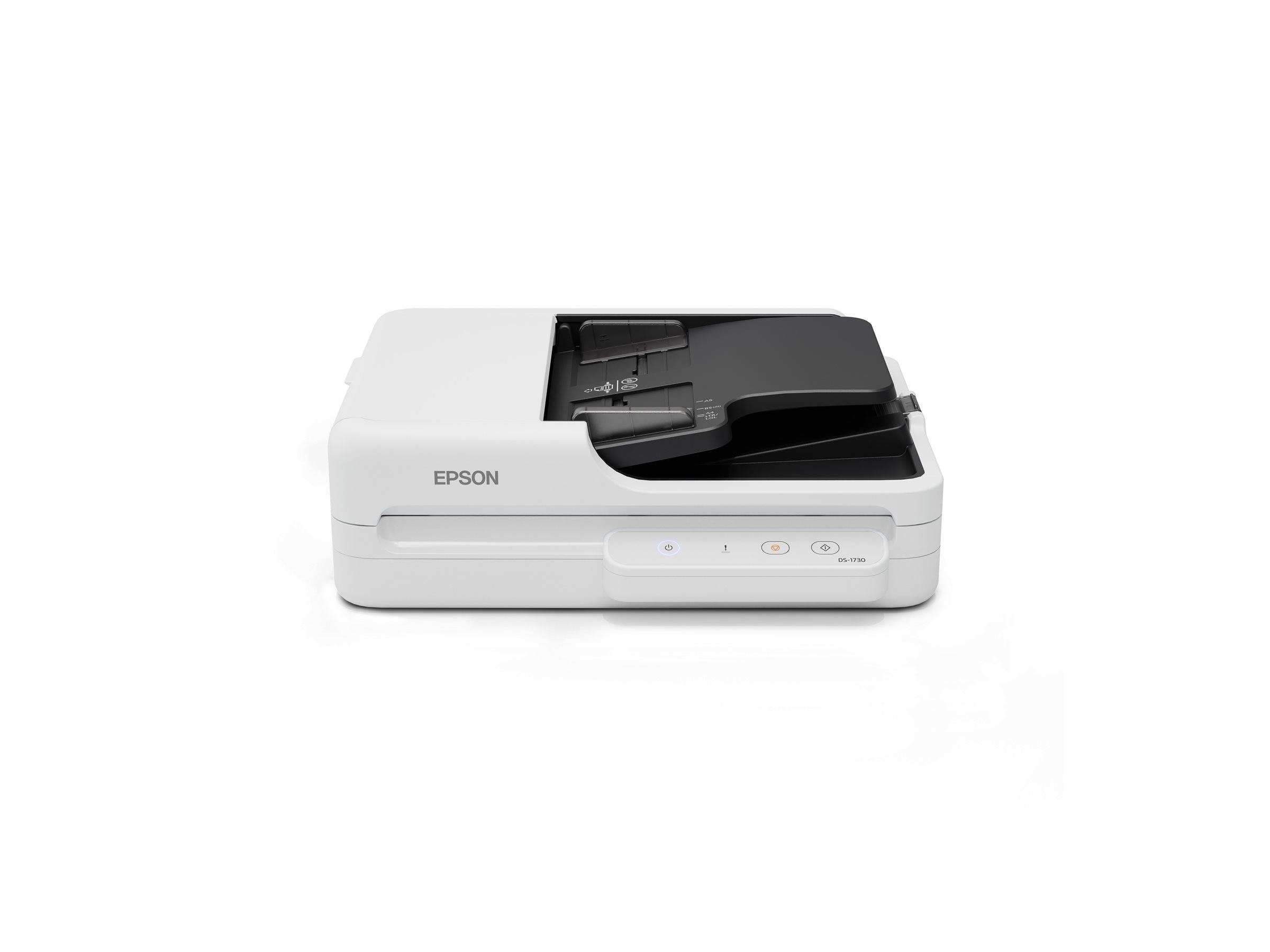 Weißer Epson-Scanner mit Dokumenteneinzug an der Oberseite, drei Tasten am Frontpanel und elegantem Design, das sich für den Bürogebrauch eignet.