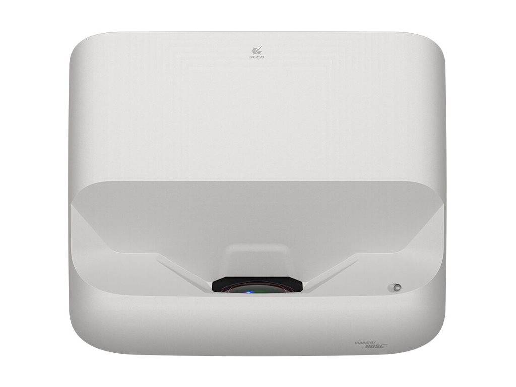 Ein weißer Overheadprojektor mit einer Linse in der unteren Mitte.