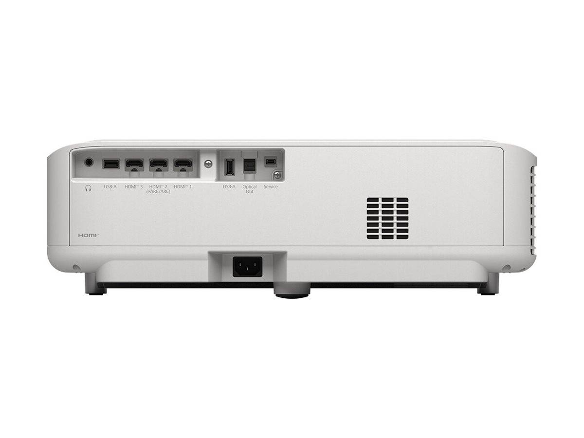 Rückansicht eines weißen elektronischen Geräts mit mehreren Anschlüssen, darunter zwei HDMI-Eingänge, USB-Ports und einen optischen Audioausgang.