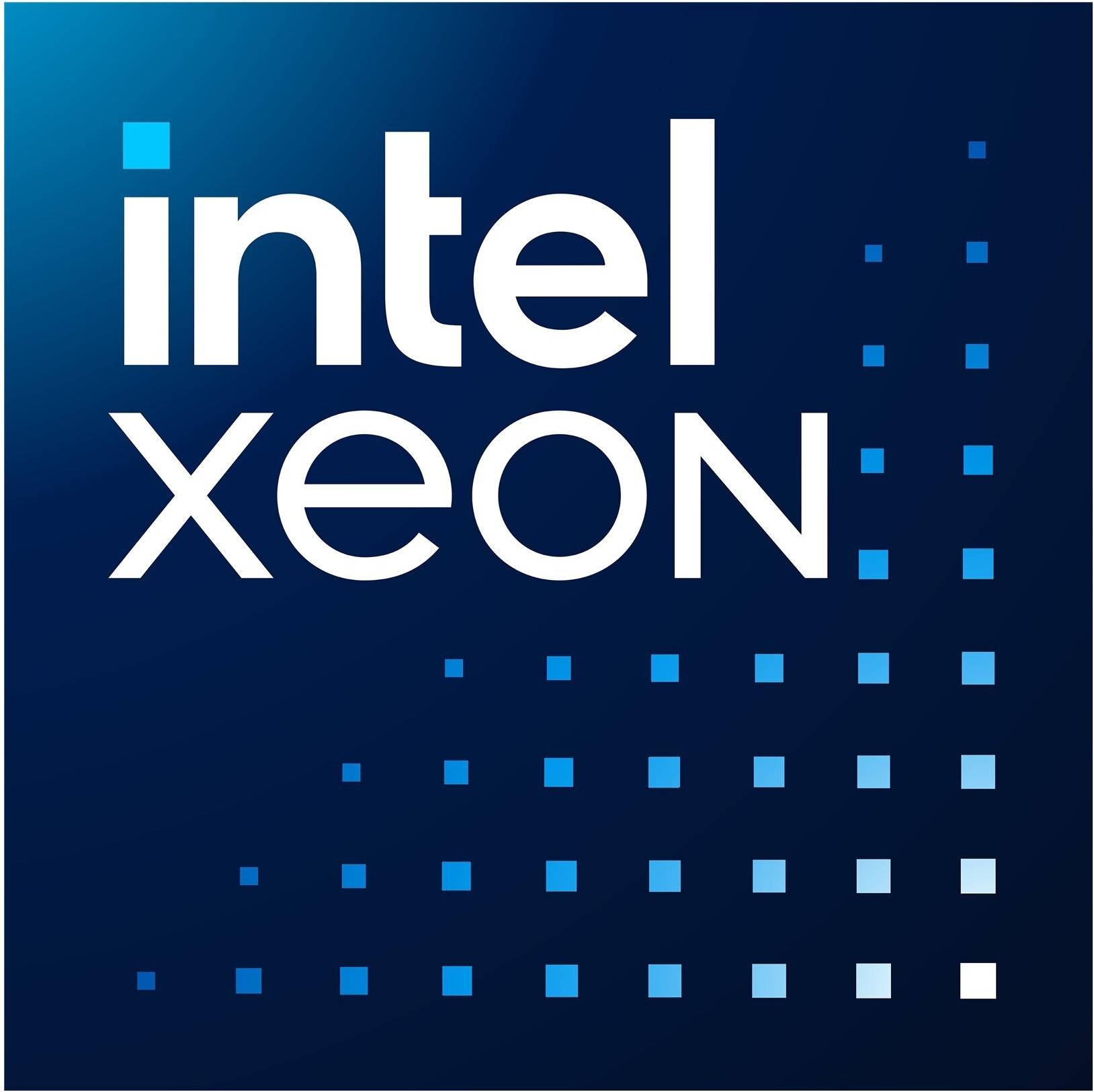 Intel Xeon Logo auf dunkelblauem Hintergrund mit einem Gitter aus kleinen blauen Quadraten.