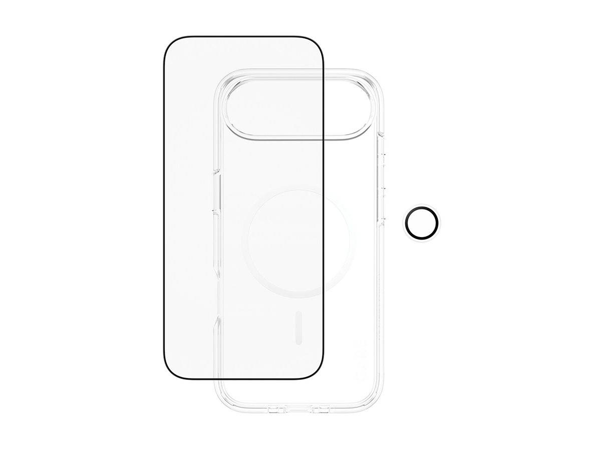 Ein transparenter Smartphone-Hülle mit MagSafe und ein daneben liegendes Displayschutzglas.
