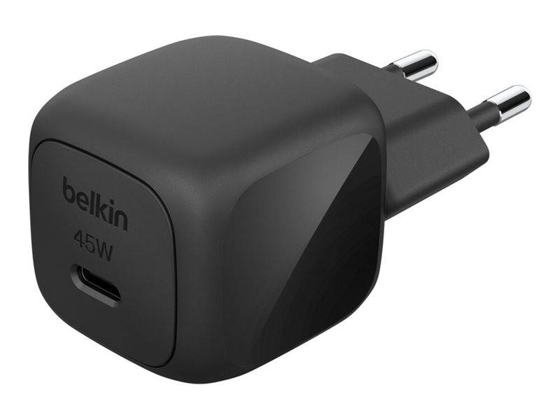 Schwarzes Belkin 45W USB-C Wandladegerät mit zweipoliger Steckdose.