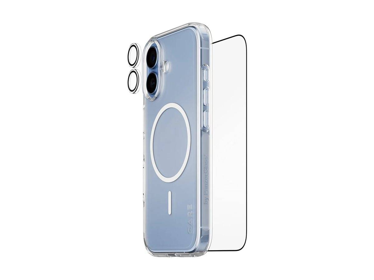 Transparente Handyhülle mit MagSafe-Ring, Kameralinsen-Schutzfolien und Displayschutzfolie für iPhone 14 Plus, die das transparente Design und die präzise Passform zeigt.
