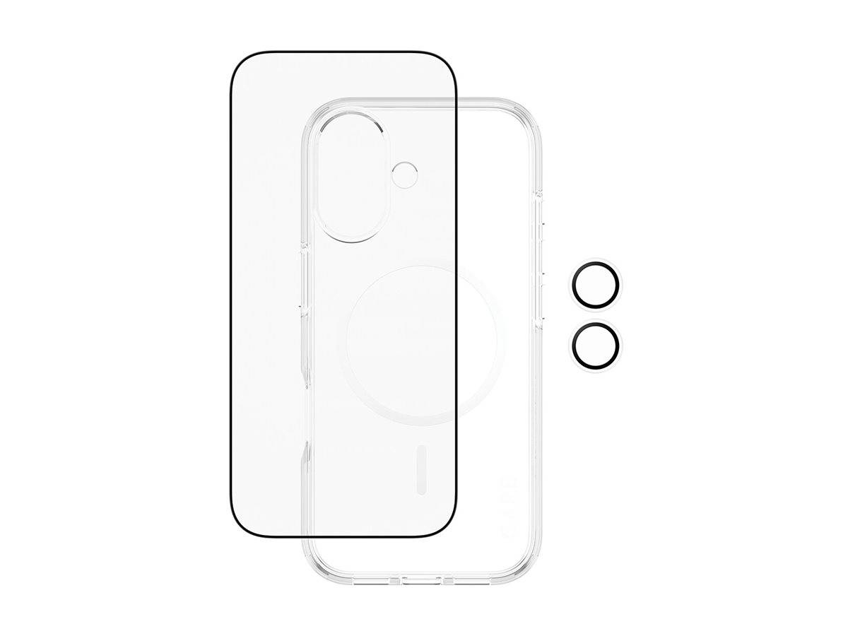 Eine transparente Handyhülle und Displayschutzfolie-Set mit zwei kleinen Ringen, entwickelt für verbesserten Schutz und Klarheit.