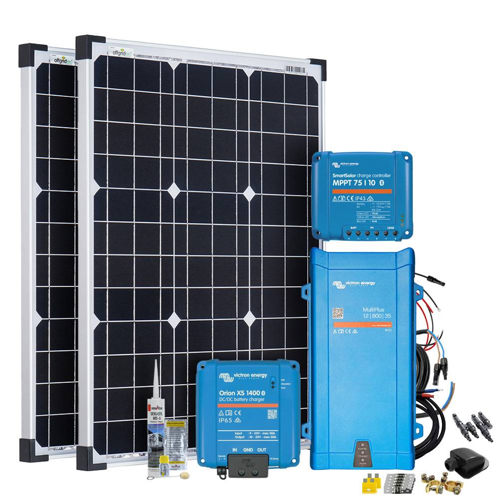 Offgridtec Mobil VeCore S 100W Wohnmobil Solaranlage inkl. MultiPlus12/800/35 Wechselrichter, Batterieladegrät und Laderegler - schwarz
