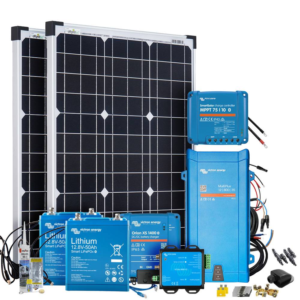 Offgridtec Mobil VeCore S 100W 1280Wh Wohnmobil Solaranlage inkl. MultiPlus12/800/35 Wechselrichter, Batterieladegrät und Laderegler - schwarz
