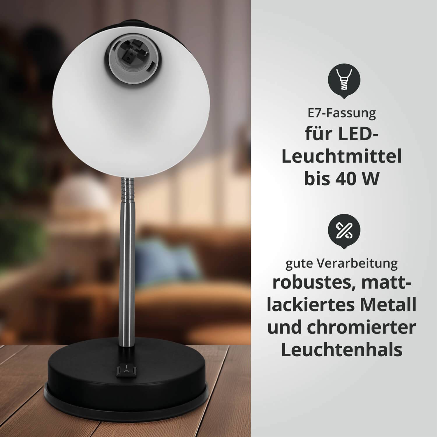 LED Universum 04891 Tischleuchte "Jasmin" matt schwarz E27 Fassung Metall verstellbar