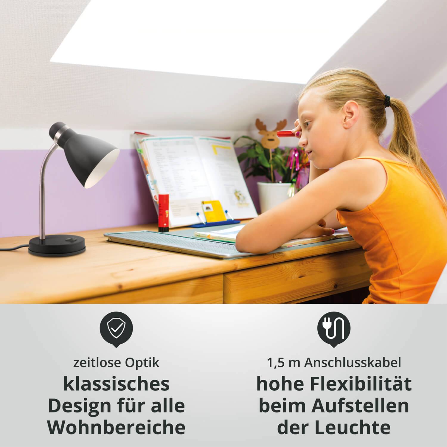 LED Universum 04891 Tischleuchte "Jasmin" matt schwarz E27 Fassung Metall verstellbar