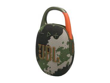 Tragbarer Bluetooth-Lautsprecher mit Tarnmuster und 'JBL'-Logo. Ausgestattet mit Tragschlaufe und Bedienungstasten auf der Oberseite.