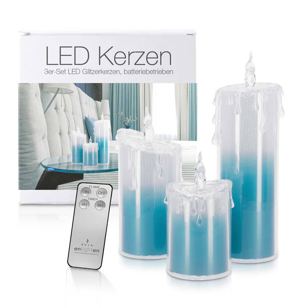 LED Universum LED Acryl Glitzer Kerze Blau 3er Set "Liza" inkl. Fernbedienung und Timer