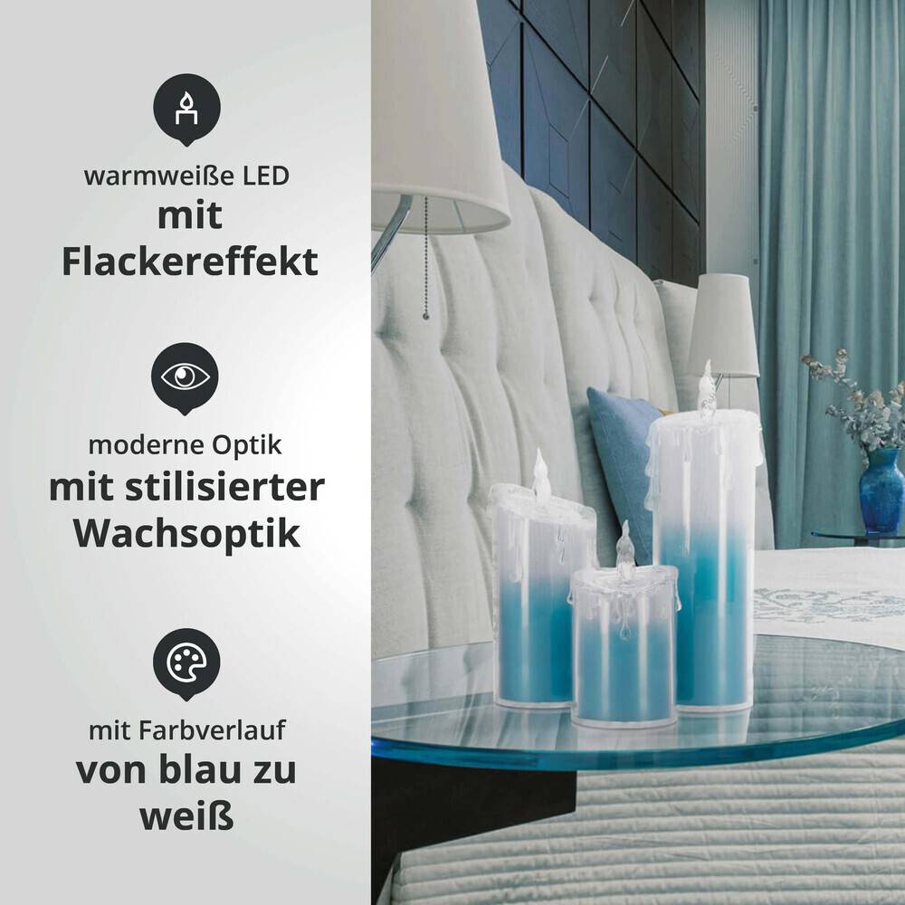 LED Universum LED Acryl Glitzer Kerze Blau 3er Set "Liza" inkl. Fernbedienung und Timer