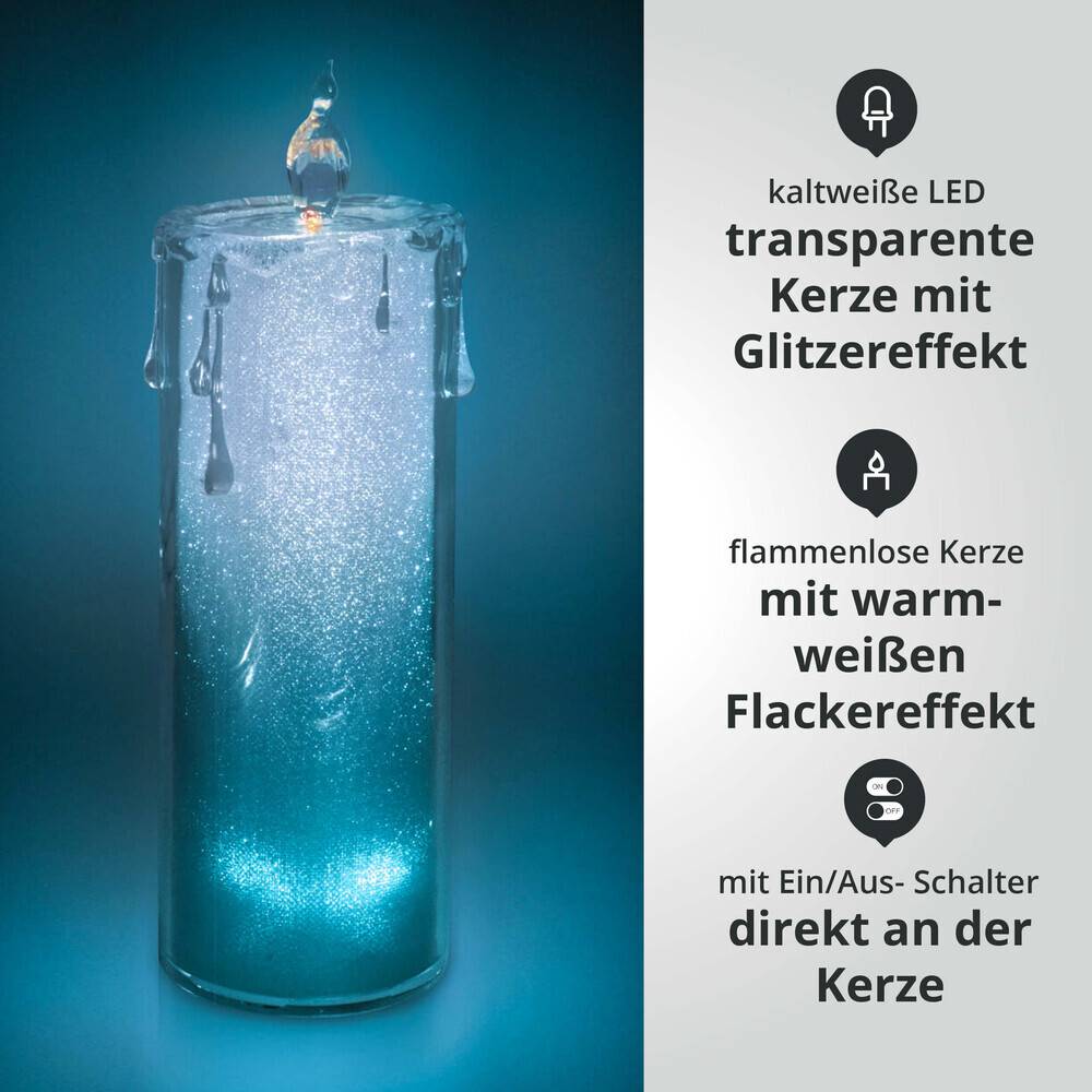 LED Universum LED Acryl Glitzer Kerze Blau 3er Set "Liza" inkl. Fernbedienung und Timer