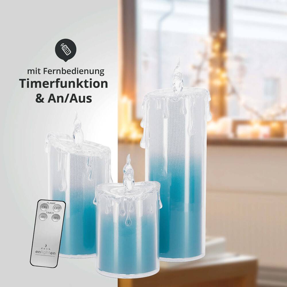 LED Universum LED Acryl Glitzer Kerze Blau 3er Set "Liza" inkl. Fernbedienung und Timer