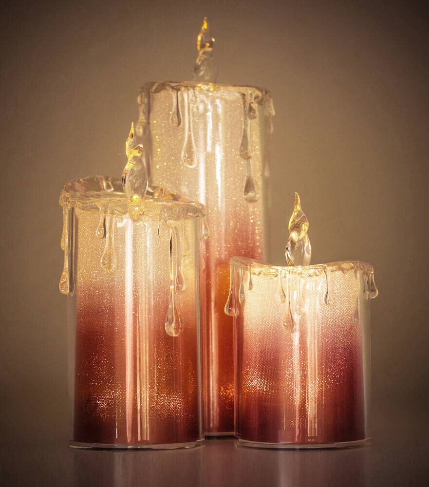 LED Universum LED Acryl Glitzer Kerze Rot 3er Set "Liza" inkl. Fernbedienung und Timer