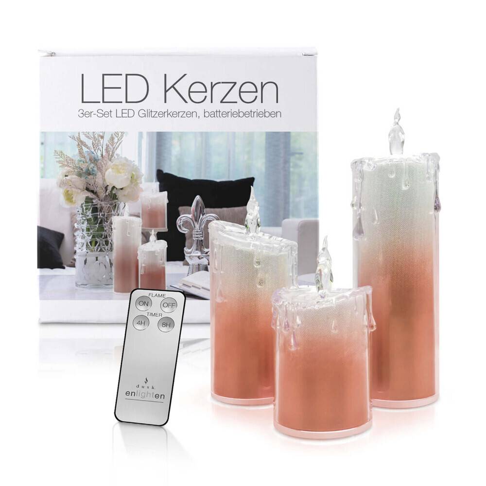 LED Universum LED Acryl Glitzer Kerze Rot 3er Set "Liza" inkl. Fernbedienung und Timer