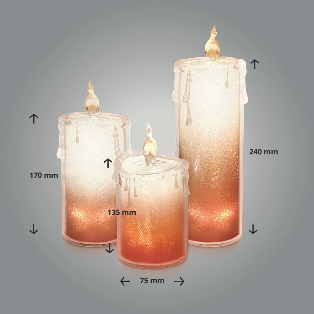 LED Universum LED Acryl Glitzer Kerze Rot 3er Set "Liza" inkl. Fernbedienung und Timer