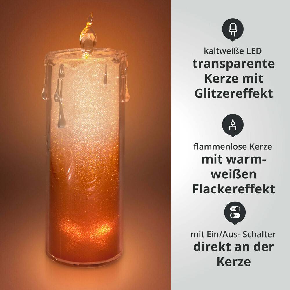 LED Universum LED Acryl Glitzer Kerze Rot 3er Set "Liza" inkl. Fernbedienung und Timer