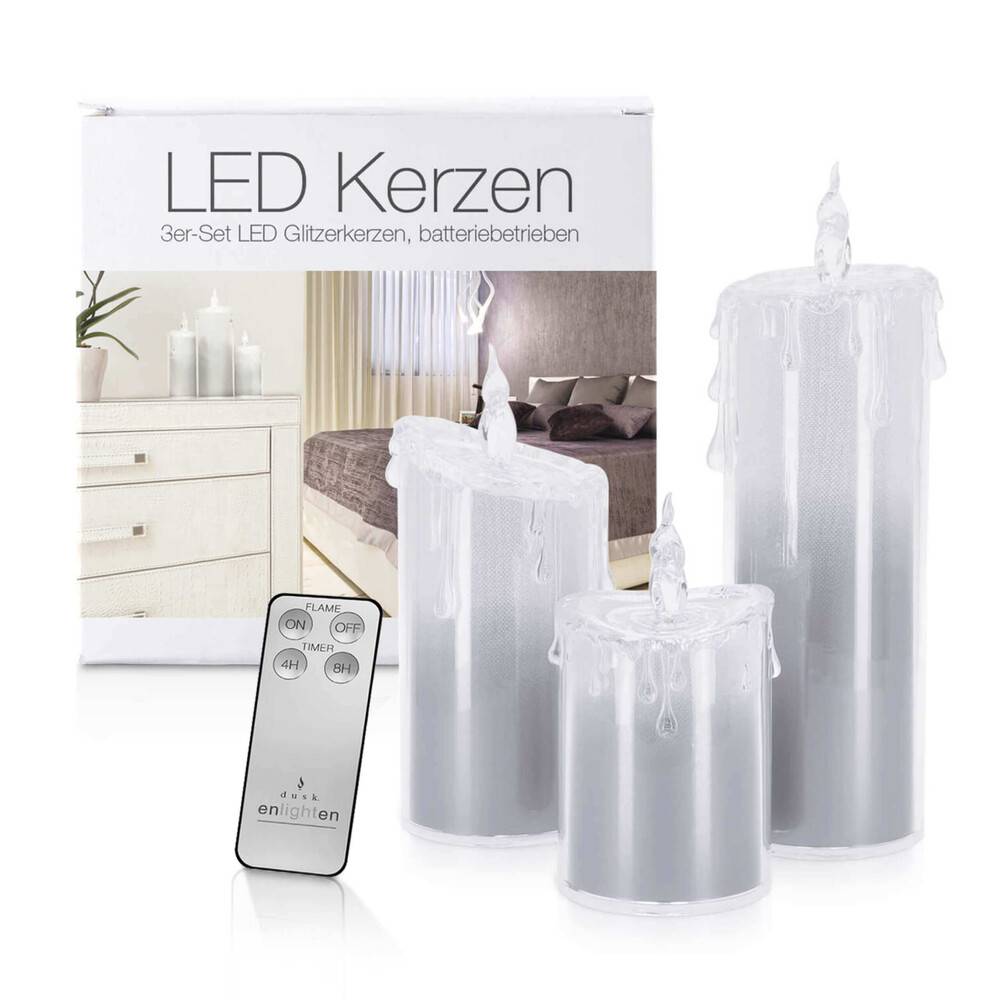 LED Universum LED Acryl Glitzer Kerze Silber 3er Set"Liza" inkl. Fernbedienung und Timer