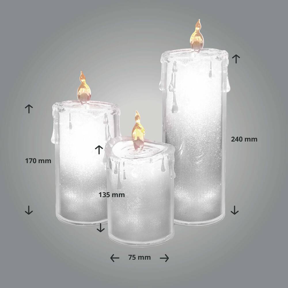 LED Universum LED Acryl Glitzer Kerze Silber 3er Set"Liza" inkl. Fernbedienung und Timer