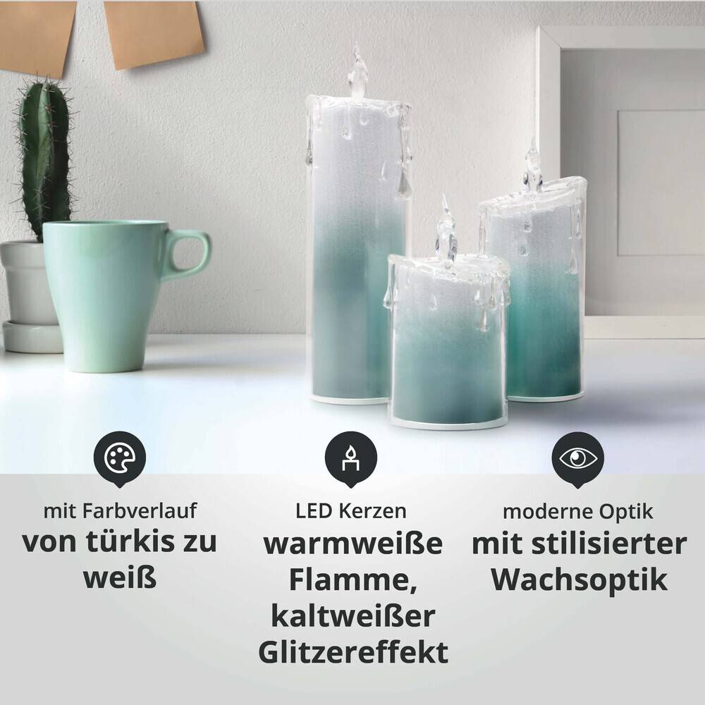 LED Universum LED Acryl Glitzer Kerze Türkis 3er Set "Liza" inkl. Fernbedienung und Timer