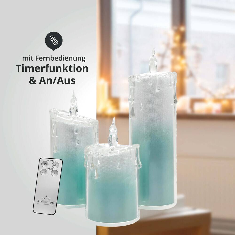 LED Universum LED Acryl Glitzer Kerze Türkis 3er Set "Liza" inkl. Fernbedienung und Timer