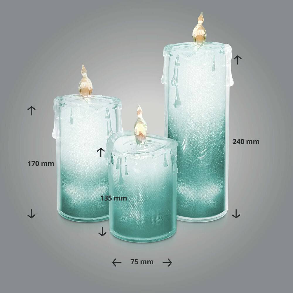 LED Universum LED Acryl Glitzer Kerze Türkis 3er Set "Liza" inkl. Fernbedienung und Timer
