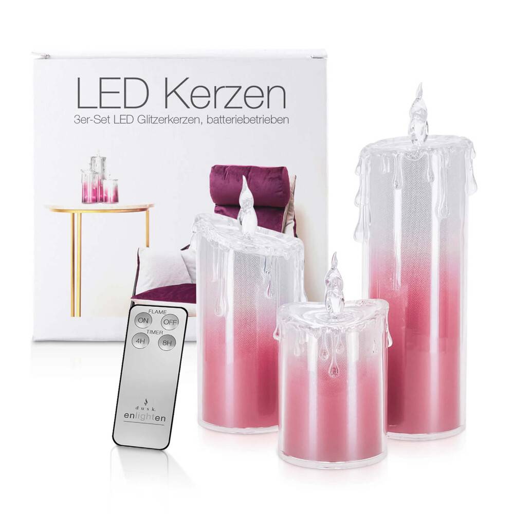 LED Universum LED Acryl Glitzer Kerze Pink 3er Set "Liza" inkl. Fernbedienung und Timer