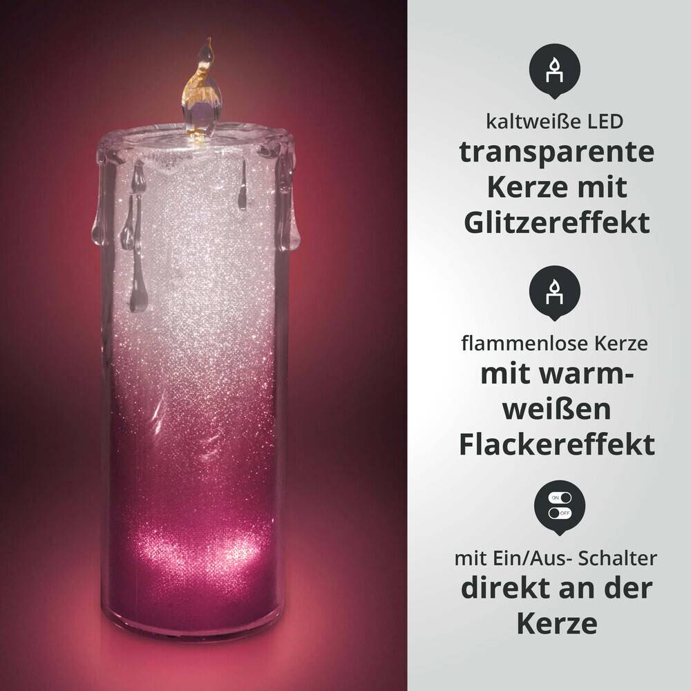 LED Universum LED Acryl Glitzer Kerze Pink 3er Set "Liza" inkl. Fernbedienung und Timer