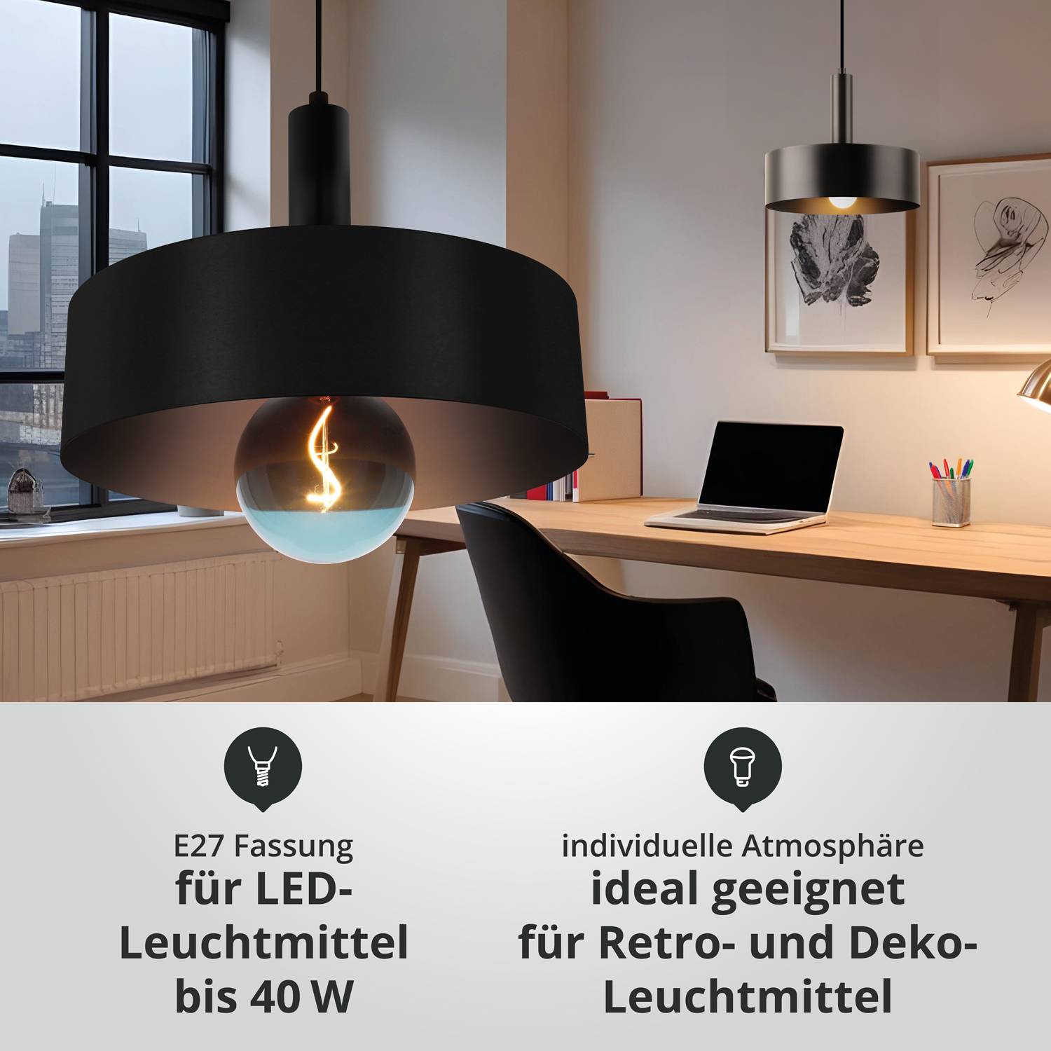 LED Universum 04897 Deckeneleuchte "Victoria" 30cm Schirm schwarz Pendel schwarz