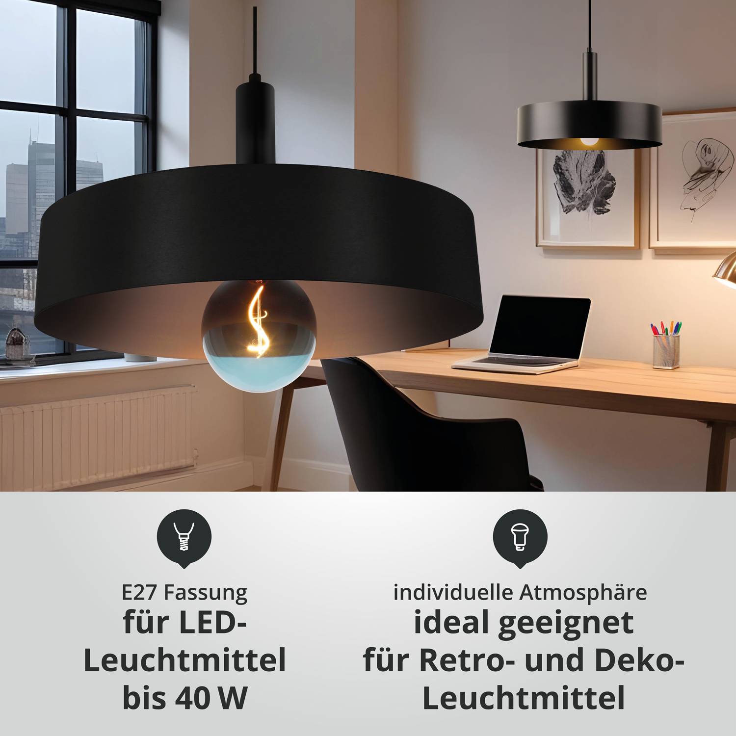 LED Universum 04903 Deckeneleuchte "Victoria" 40cm Schirm schwarz Pendel schwarz