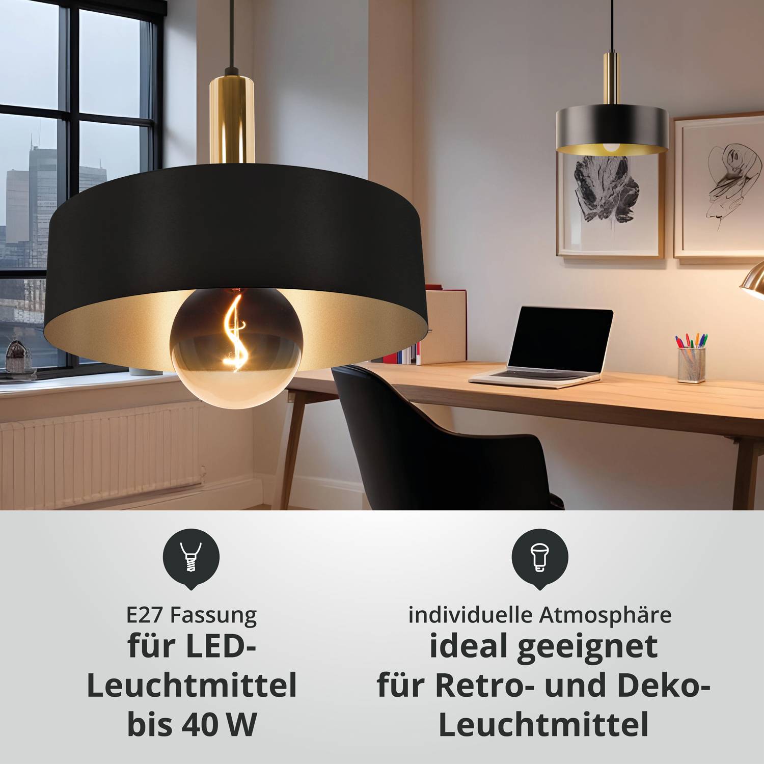 LED Universum 04901 Deckeneleuchte "Victoria" 30cm Schirm schwarz / gold Pendel gold