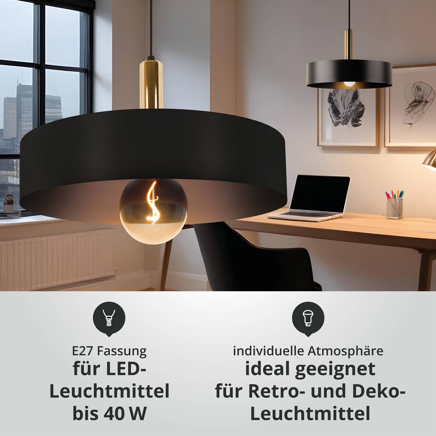 LED Universum 04905 Deckenleuchte "Victoria" 40cm Schirm schwarz Pendel gold