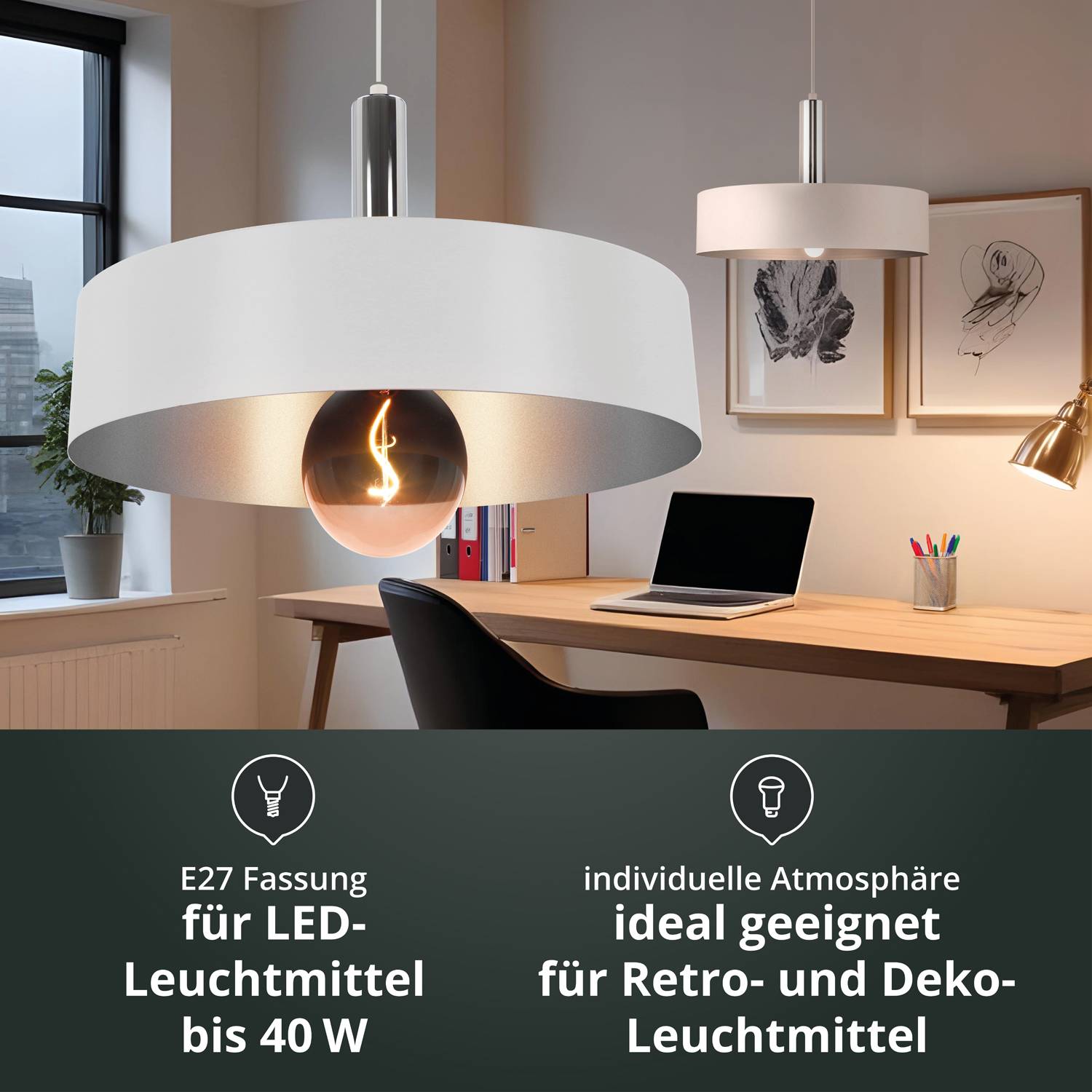 LED Universum 04908 Deckenleuchte "Victoria" 40cm Schirm weiß / silber Pendel silber