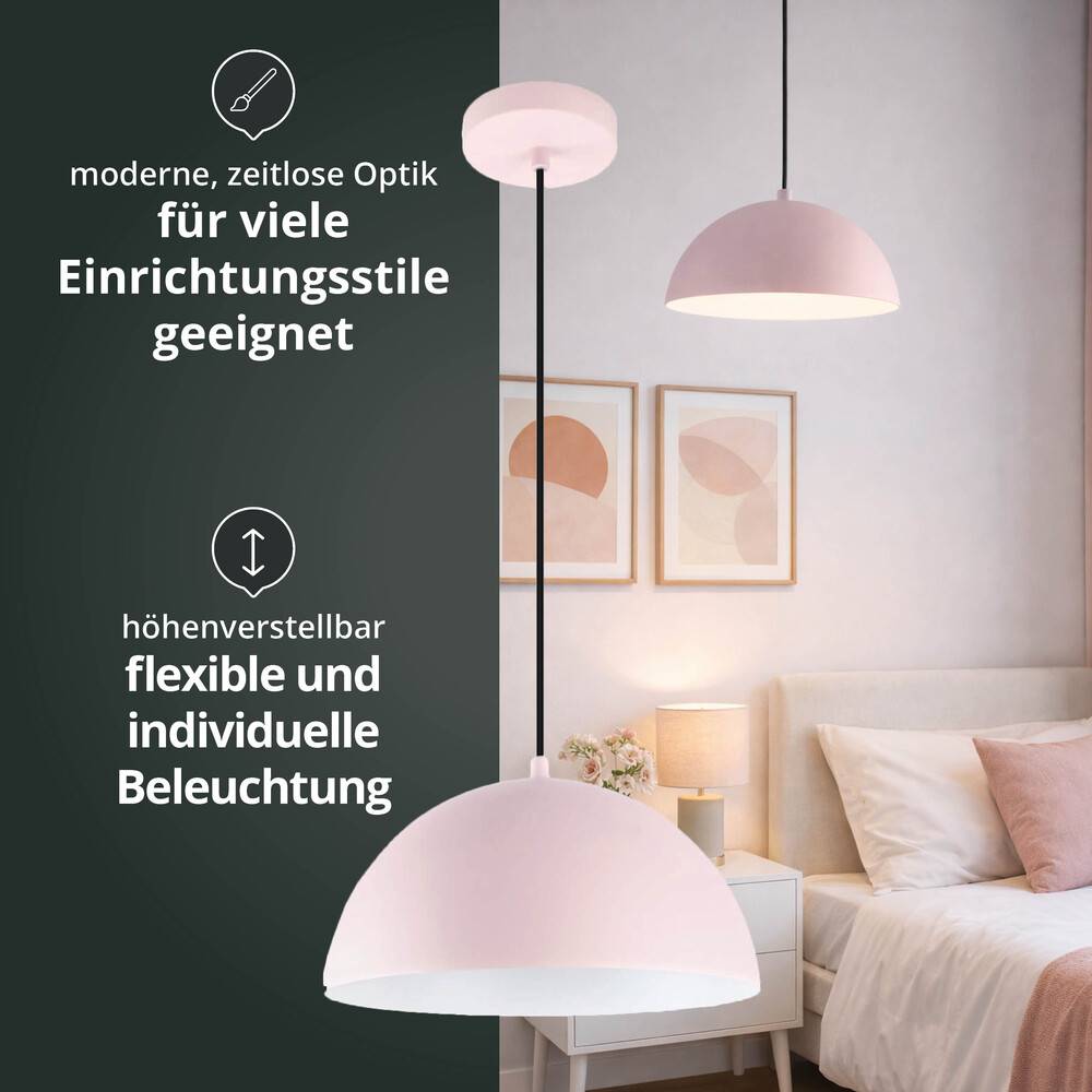 Ein Schlafzimmer mit einer modernen Pendelleuchte, die von der Decke hängt. Der Text auf Deutsch hebt die Eignung der Leuchte für verschiedene Stilrichtungen und die verstellbare Beleuchtung hervor.
